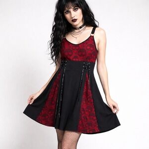 Skull Lace Skater Dress Women XL Red Black Gothic Punk Whimsigoth Concerts Emo